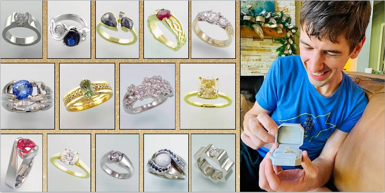 Load video: video portfolio book featuring custom designed jewelry hand crafted by Mary Elizabeth, the screen shows a man opening a ring box with a diamond ring enclosed.  The jewelry in the still shot are all variations of unique wedding rings and engagement rings in gold and platinum set with sapphire, diamond, salt and pepper diamonds, rubies, and of all different designs.