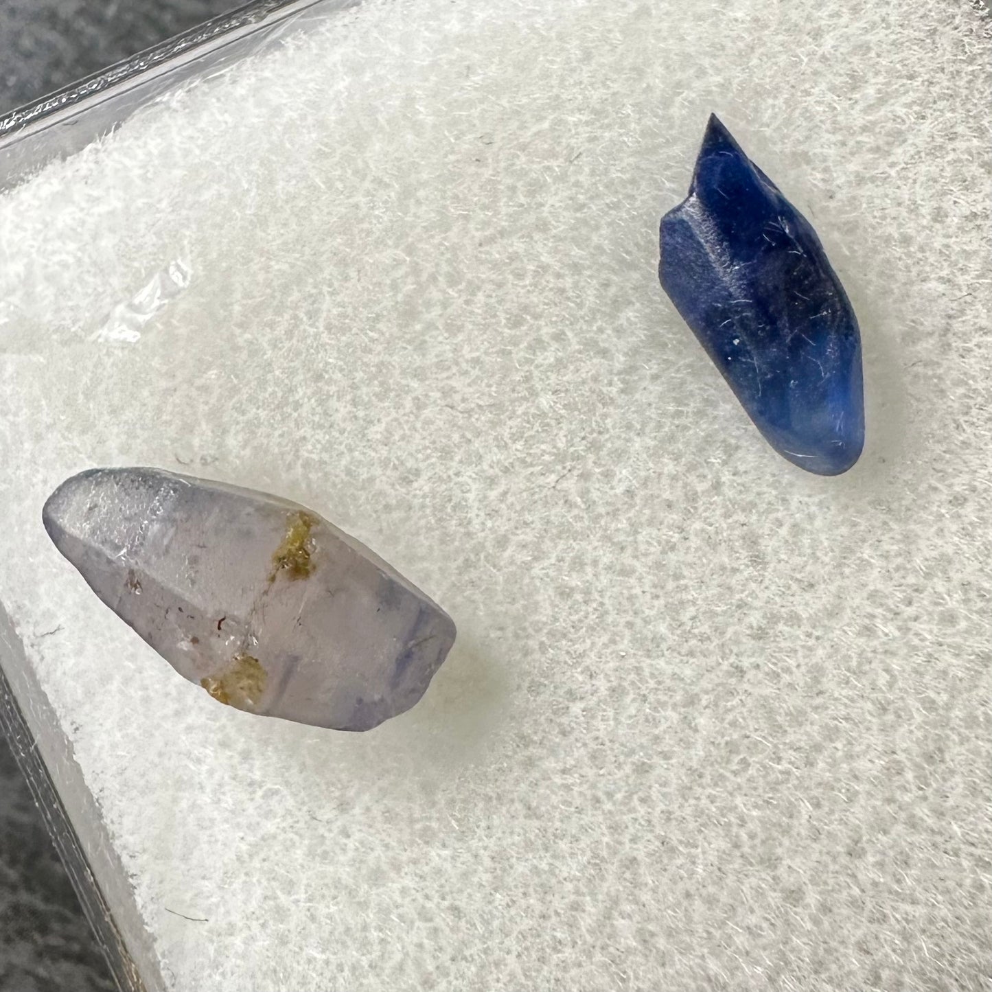 Sri Lankan Rough Sapphire crystals  showing heat vs. no heat treatment.