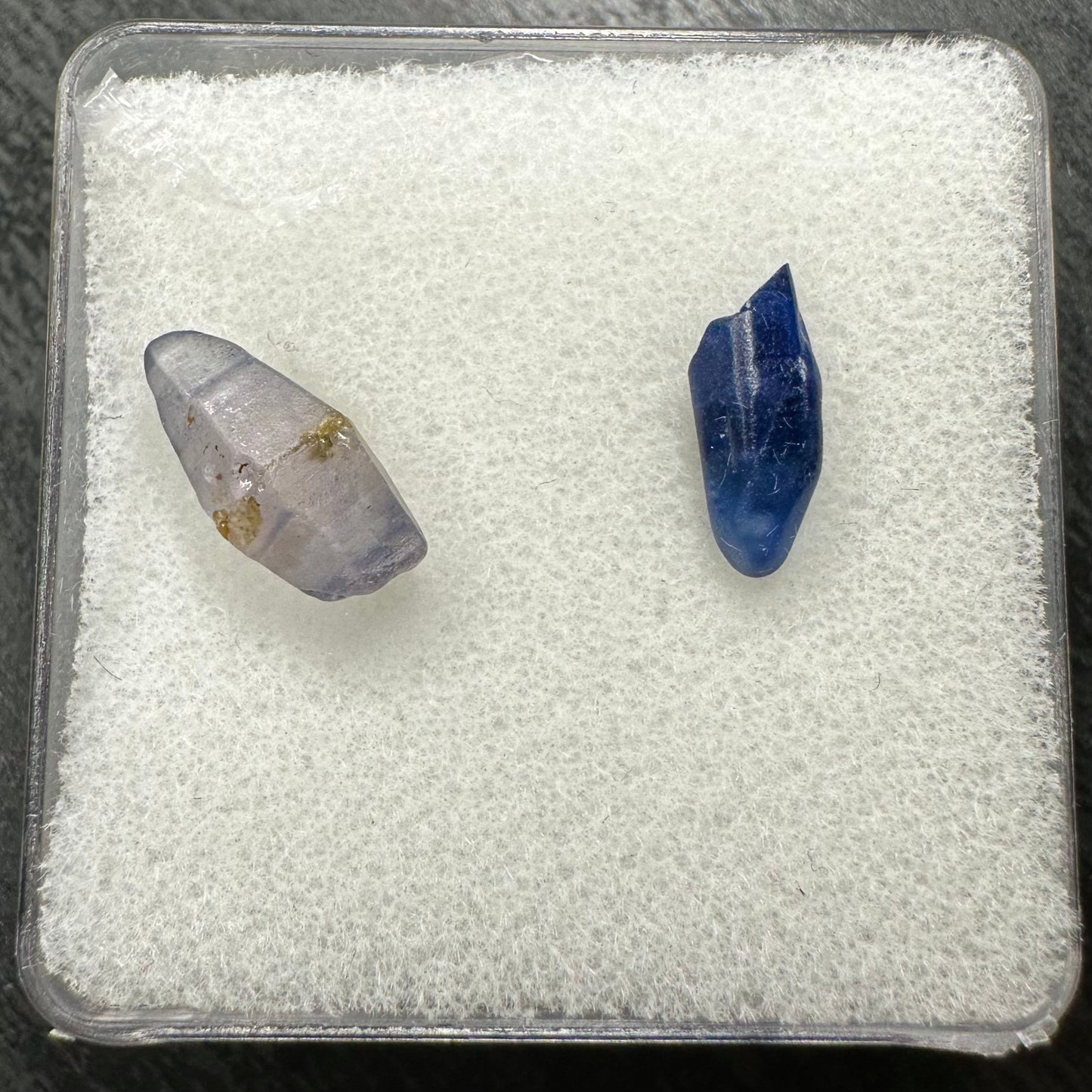 Sri Lankan Rough Sapphire crystals  showing heat vs. no heat treatment.