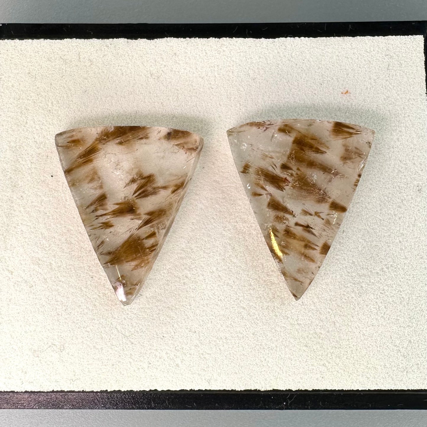 Matched pair of Cocoxenite in Quartz Triangles