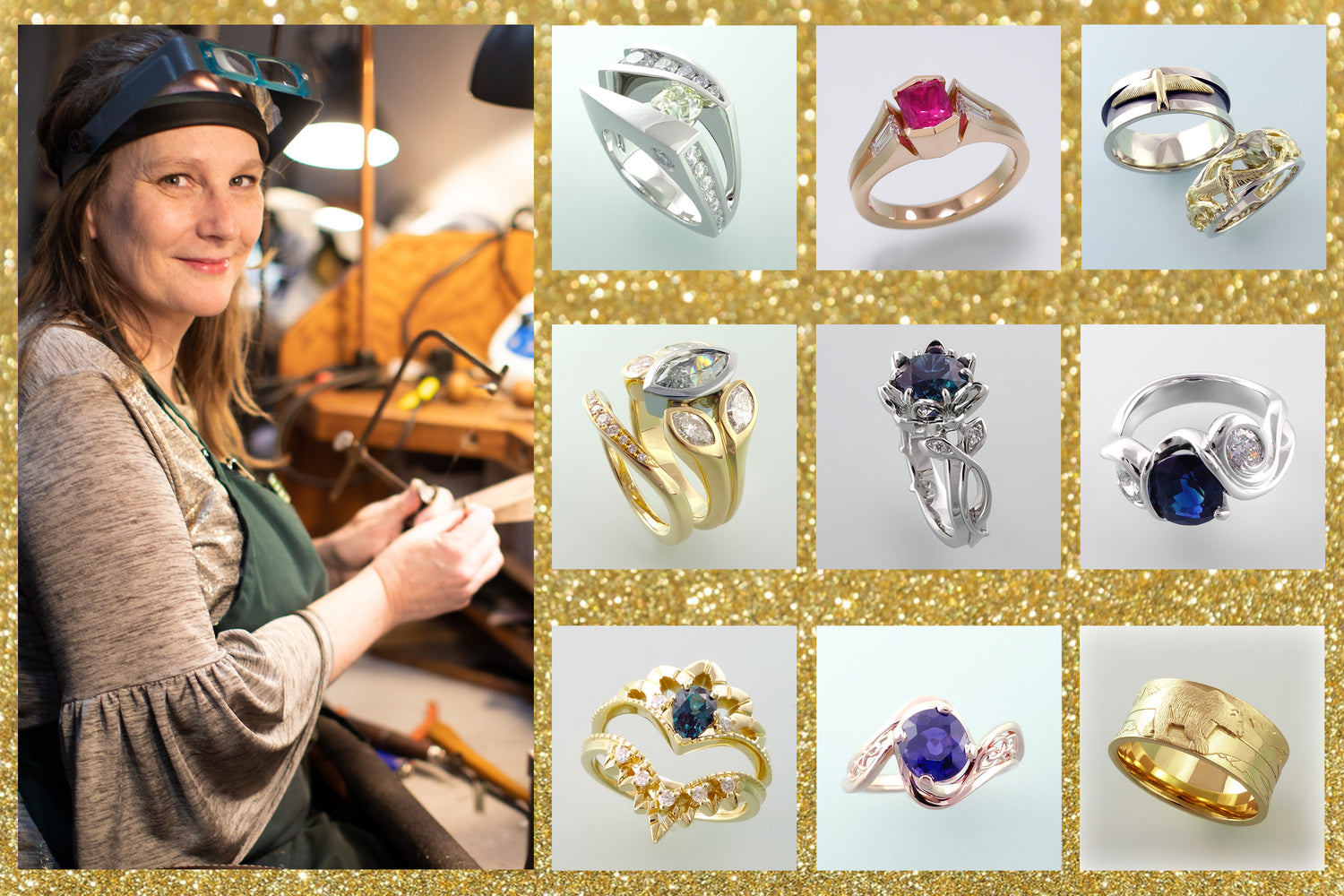 A Goldsmith, Mary Elizabeth, sits at a jewelers workbench smiling, and to her right are 9 images of unique rings and wedding sets that are custom made and one of a kind jewelry created for her clients.  There are diamonds, rubies, and sapphires in gold.